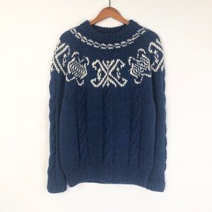 Danspin Wool Handknit Sweater Denmark Size L Cable Blue White